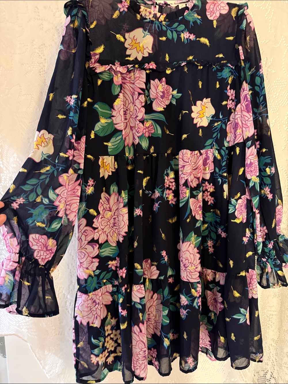 Umgee Black Floral Midi Dress with Pink & Green Print